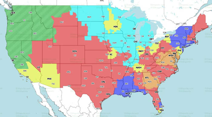 Giants-Saints game projected in blue.